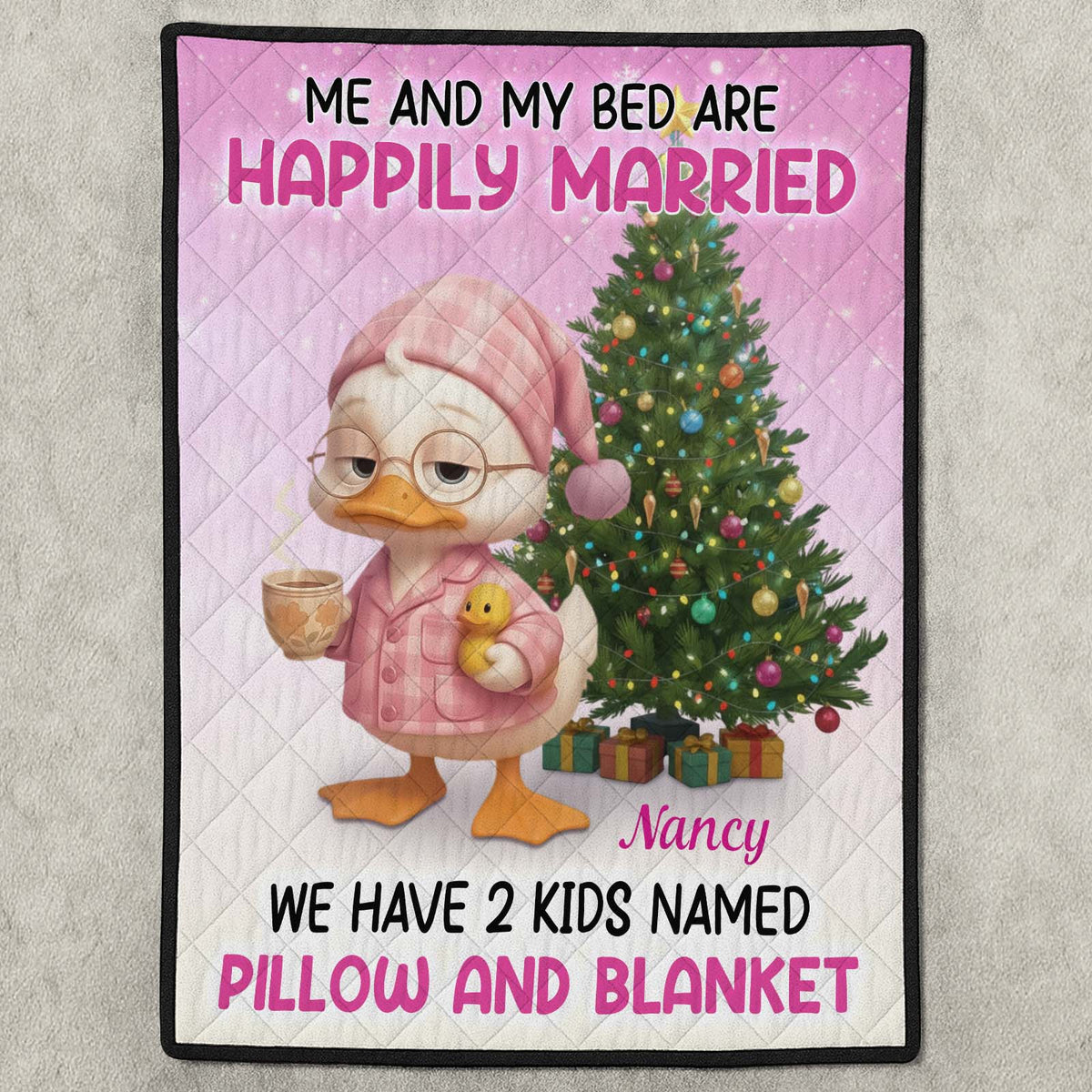 Personalized Christmas blanket featuring a humorous duck with a festive tree and funny text
