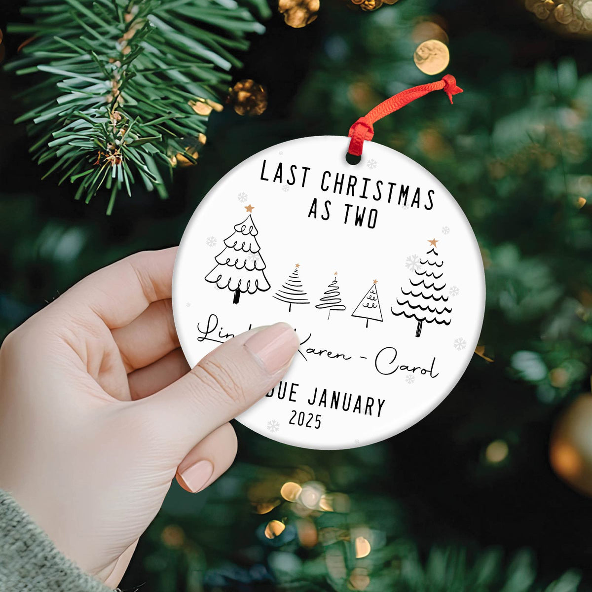 Personalized Christmas couple ornament with Last Christmas as Two text and tree design hanging on a Christmas tree