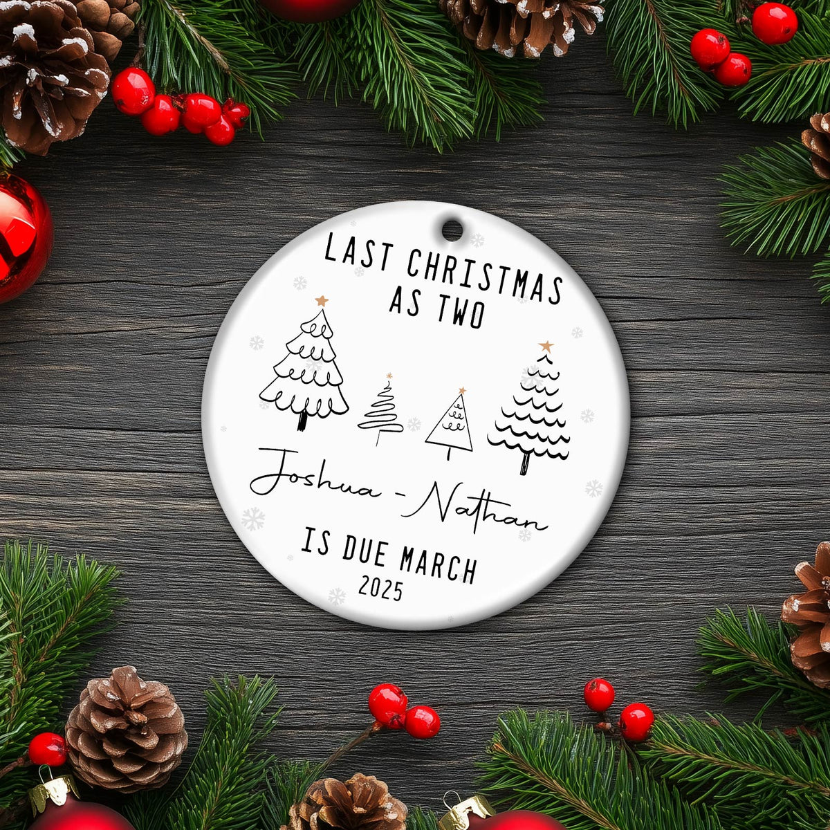 Personalized Christmas couple ornament with names Joshua and Nathan and text Last Christmas as two is due March 2025