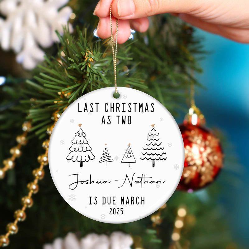 365Gifty personalized Christmas couple ornament with custom names and due date hanging on tree