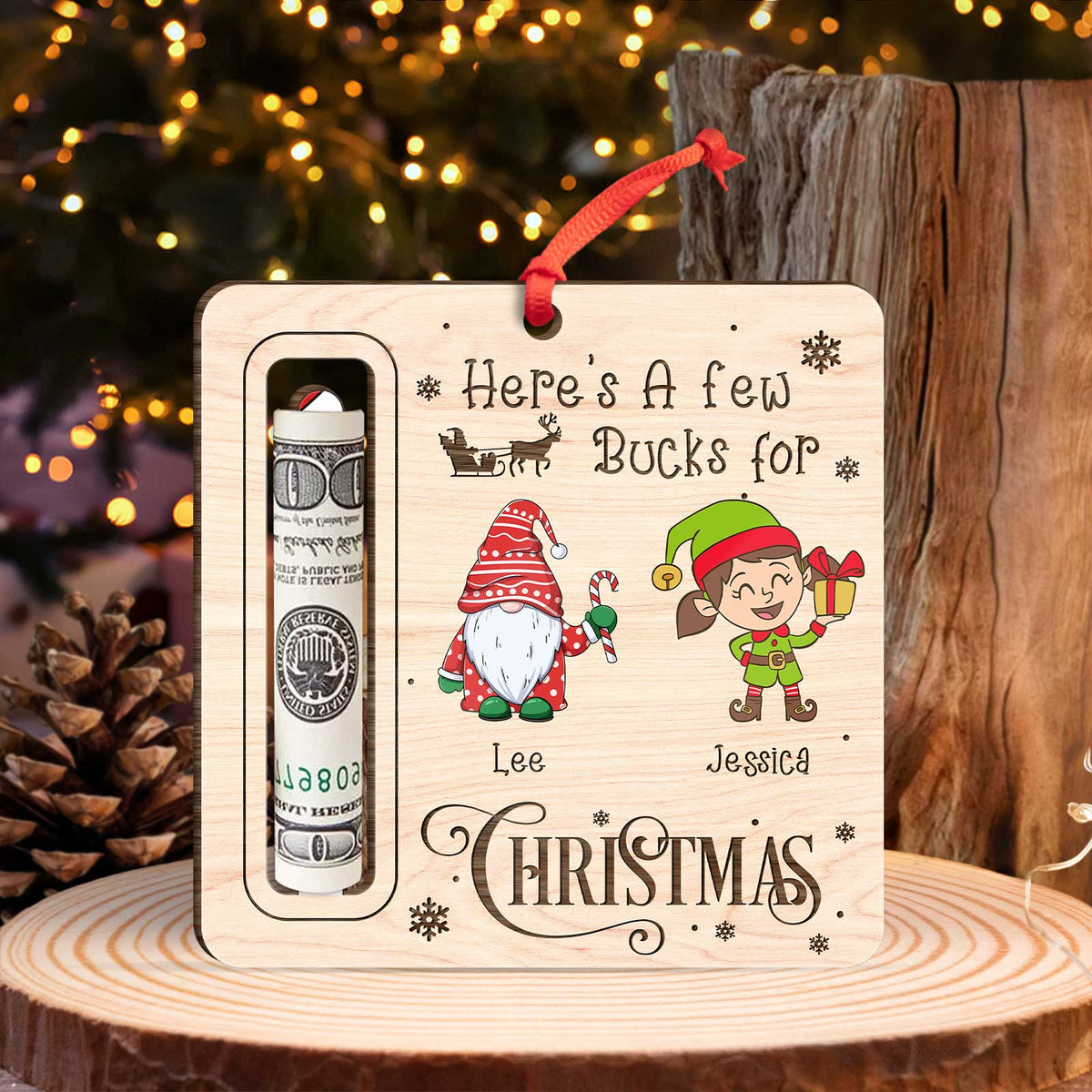 Personalized Christmas money holder with festive gnome and elf design and names Lee and Jessica