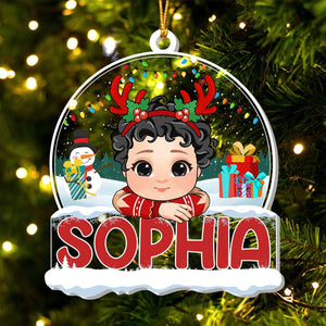Personalized Christmas ornament for kids featuring a cute cartoon child with reindeer antlers and the name Sophia