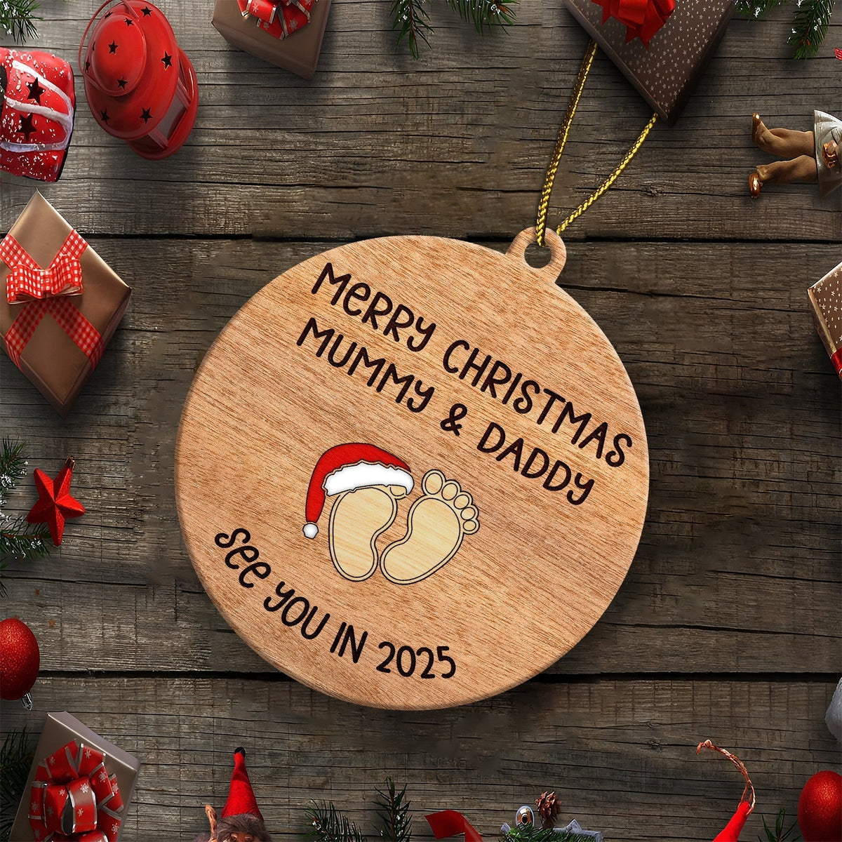 Personalized Christmas ornament for parents with baby footprints and Merry Christmas message
