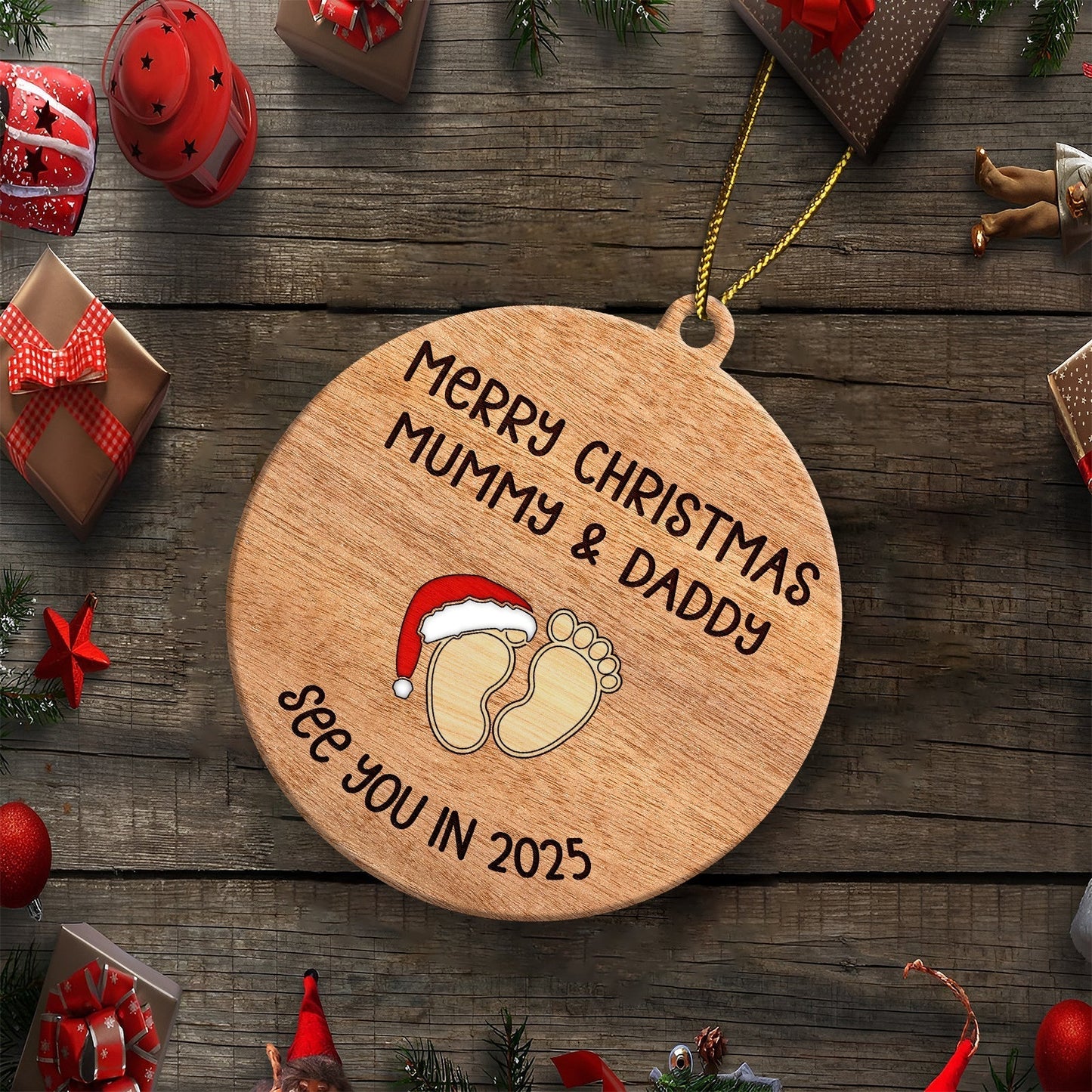 Personalized Christmas ornament for parents with baby footprints and Merry Christmas message