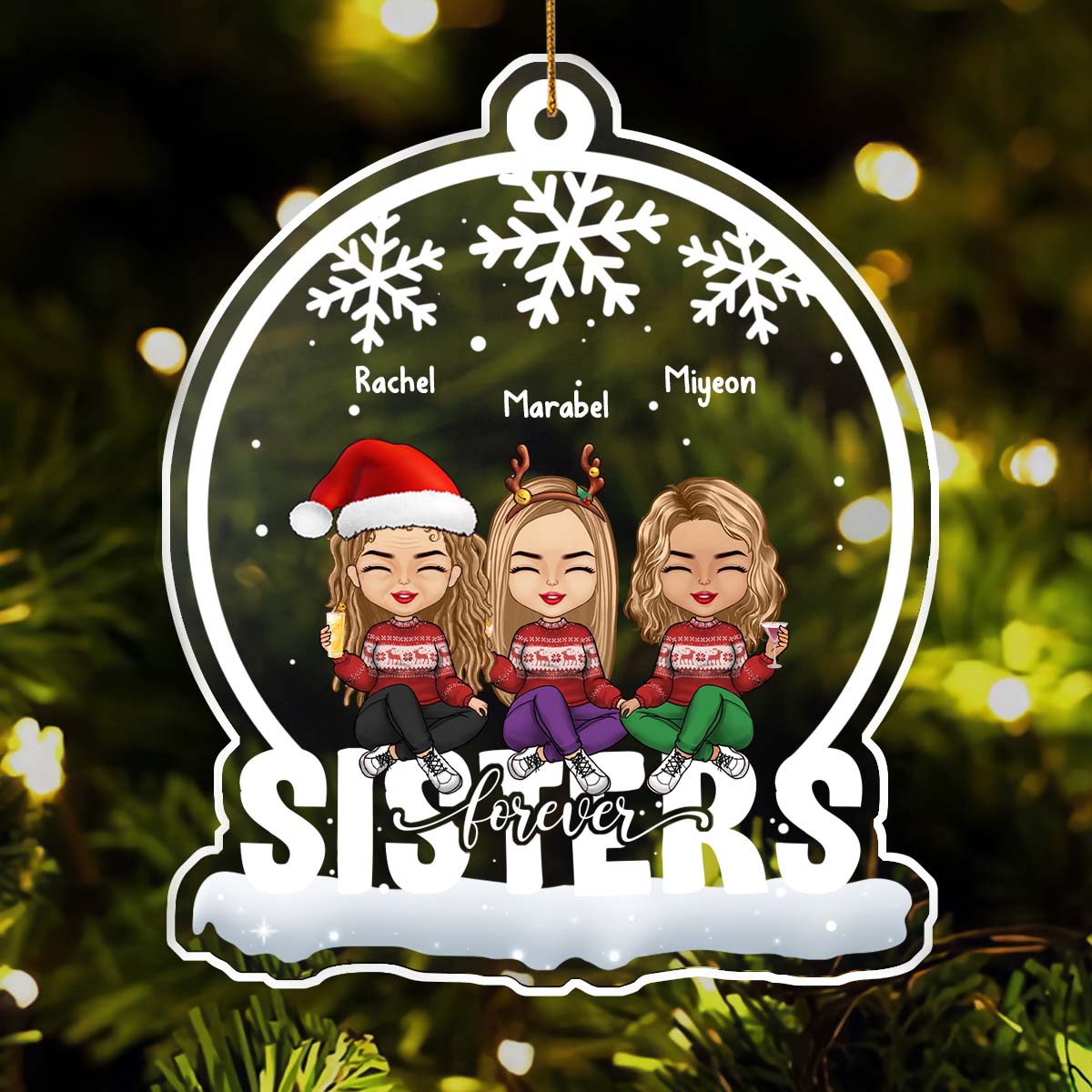365Gifty personalized Christmas ornament featuring three sisters with holiday sweaters and festive accessories
