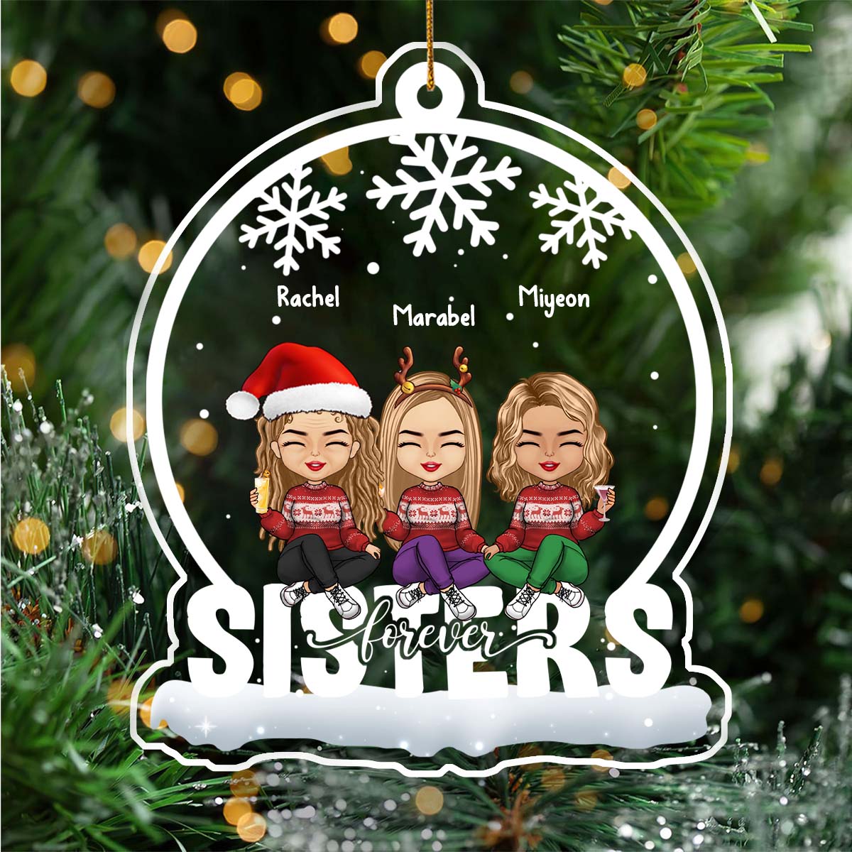 365Gifty personalized Christmas ornament featuring three cartoon sisters with holiday outfits and names Rachel Marabel Miyeon