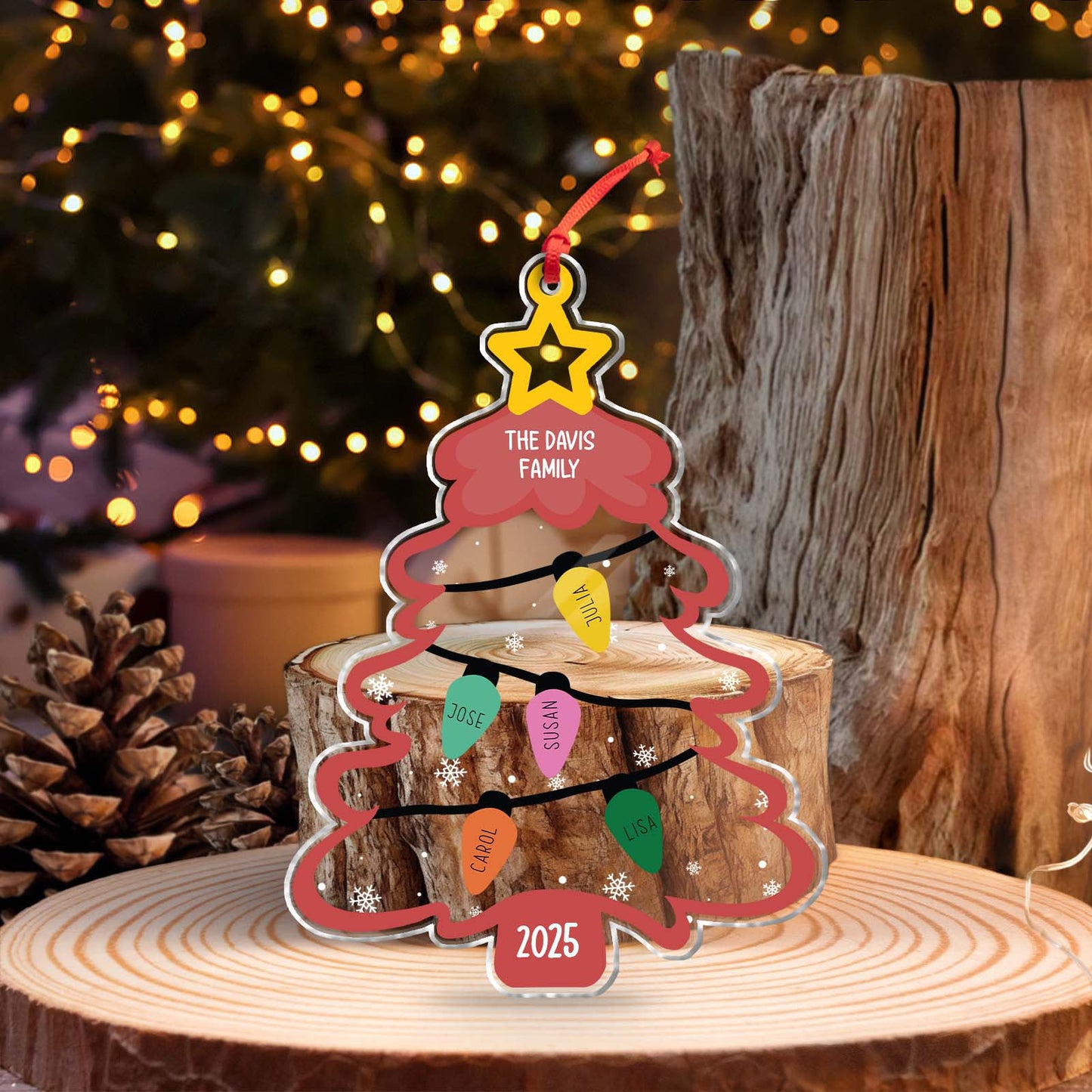 Personalized Christmas ornament shaped like a tree with names, perfect for family celebrations