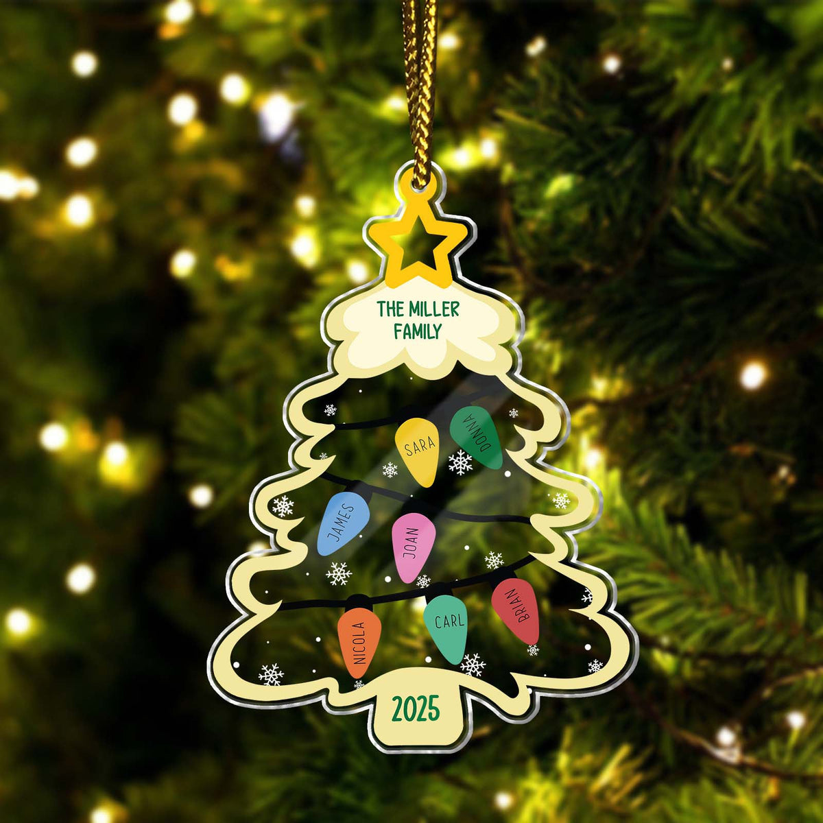 Personalized Christmas ornament featuring a family tree design with names and the year 2025
