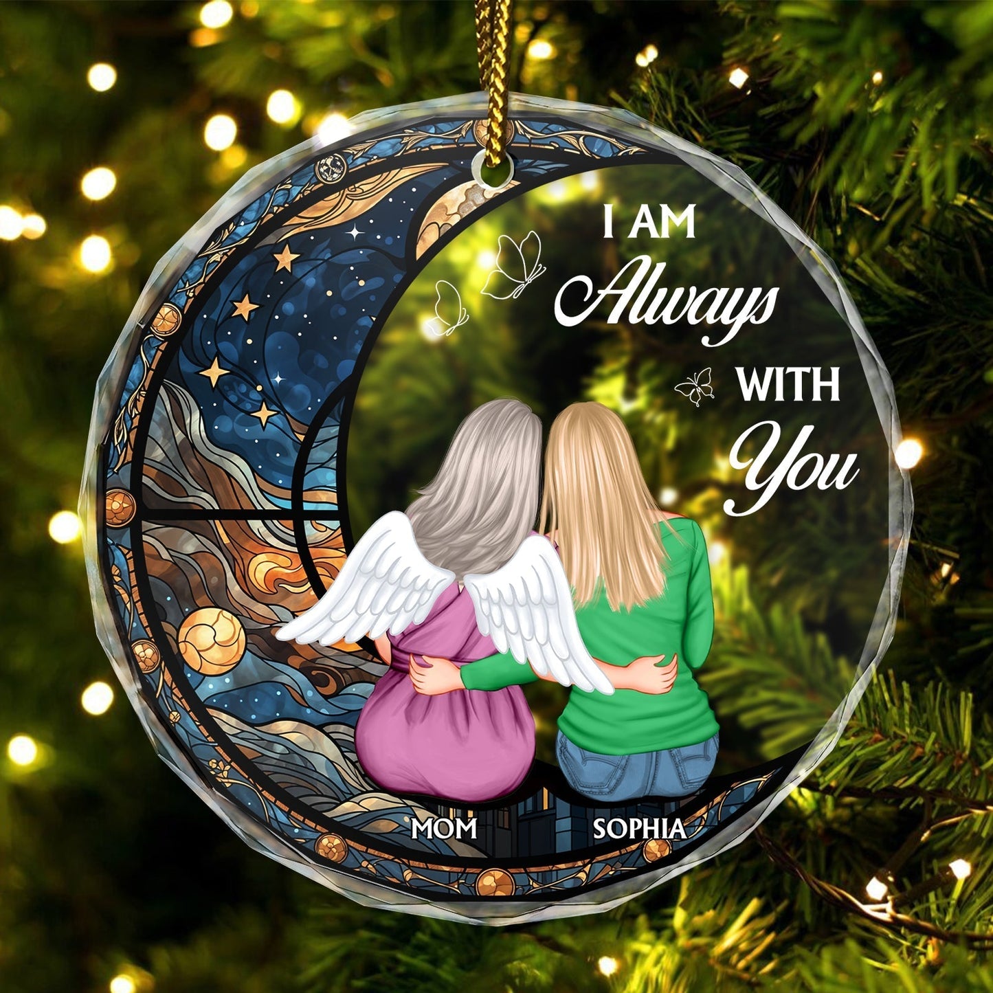 Personalized circle glass ornament featuring two friends with wings and a night sky design