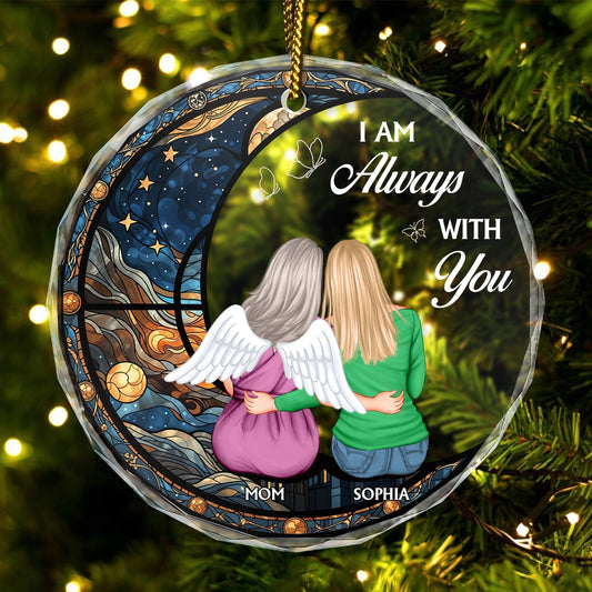 Personalized circle glass ornament featuring two women with angel wings and a night sky design