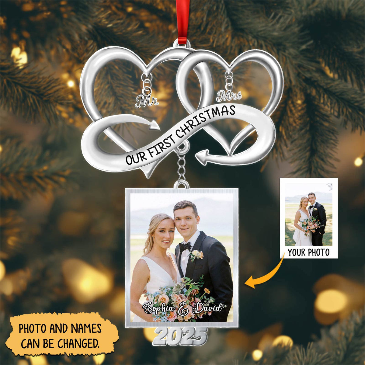 Personalized couple Christmas ornament featuring customizable names and a photo option for meaningful gifting