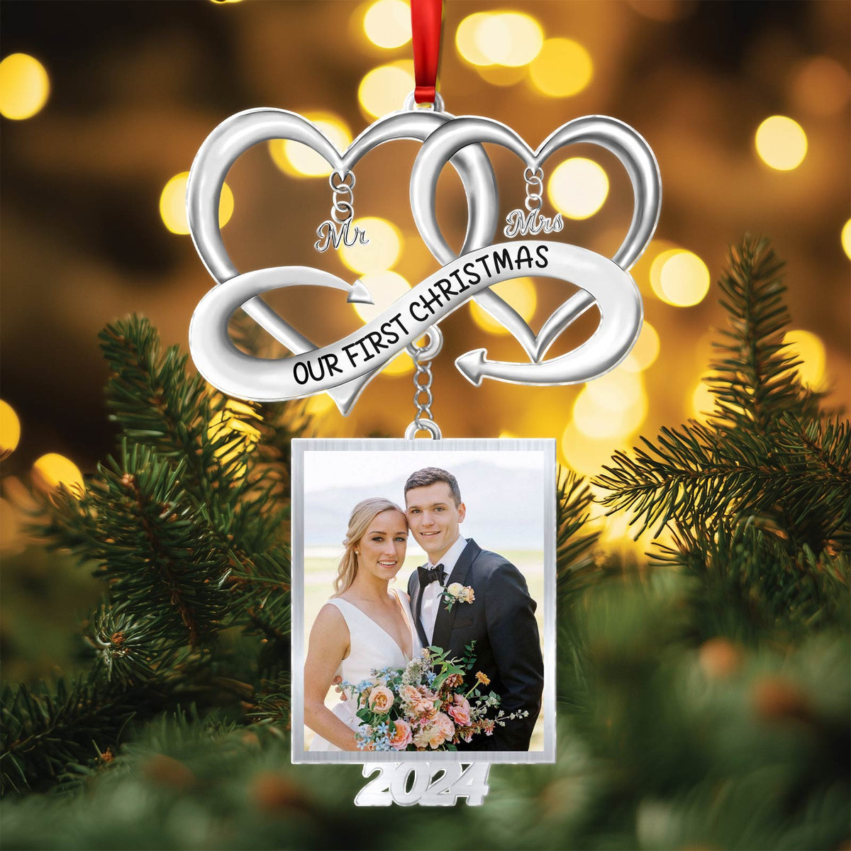 Personalized couple Christmas ornament featuring a photo frame and heart design for a memorable gift