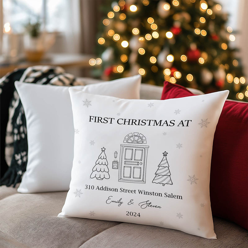Personalized couple Christmas pillow with custom names and address for first Christmas celebration