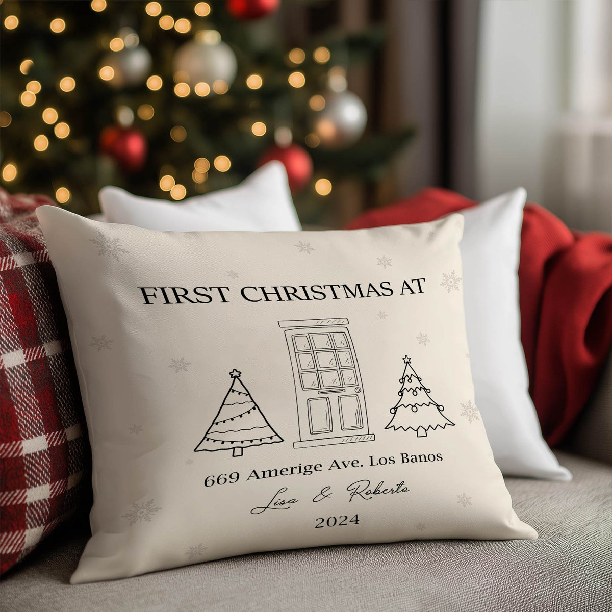 Personalized couple Christmas pillow with custom text and names for first Christmas at home