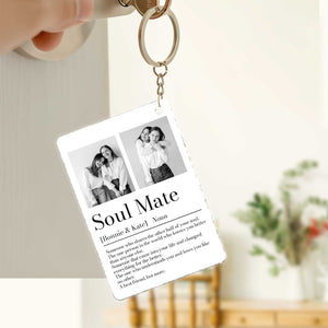 Personalized couple keychain featuring meaningful photos and a definition of soulmate