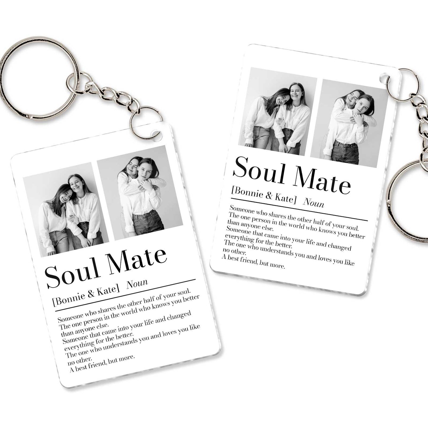 Personalized couple keychain featuring a special photo and soul mate definition for meaningful gifts