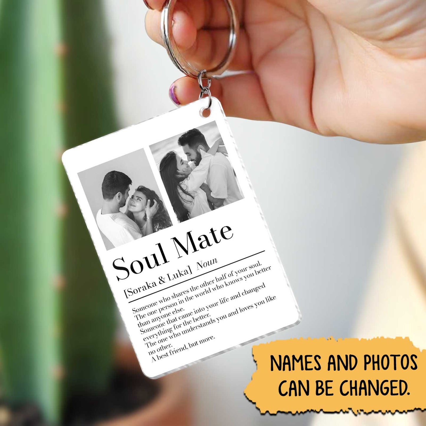 Personalized couple keychain with a photo and definition for soul mates, perfect for gifts