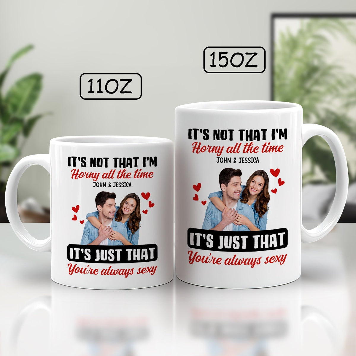 Personalized couple mug featuring humorous text and customizable names for couples