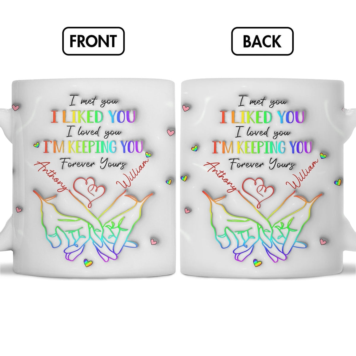 Personalized couple mug featuring colorful hand illustrations and romantic phrases on both sides