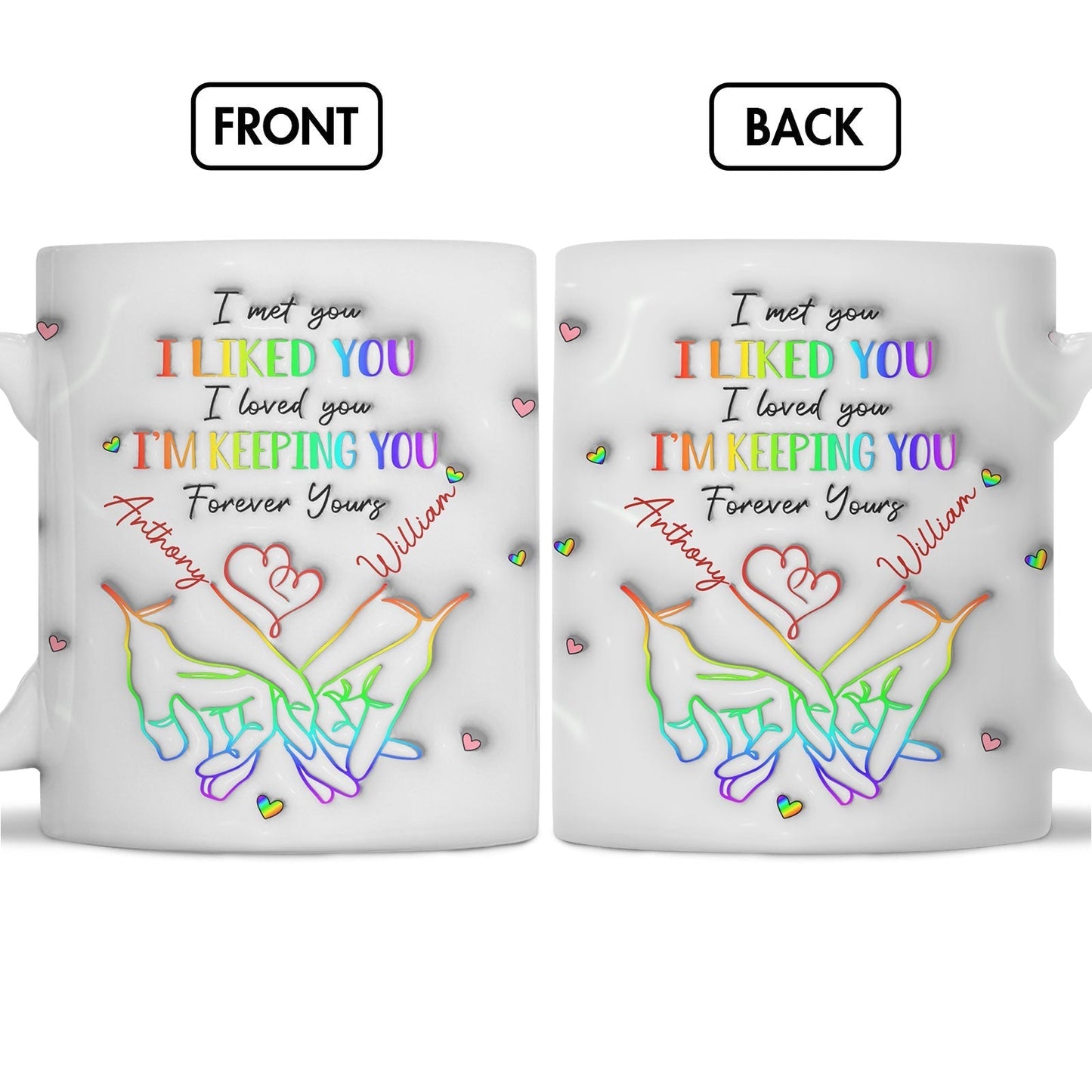 Personalized couple mug featuring colorful hand illustrations and romantic phrases on both sides