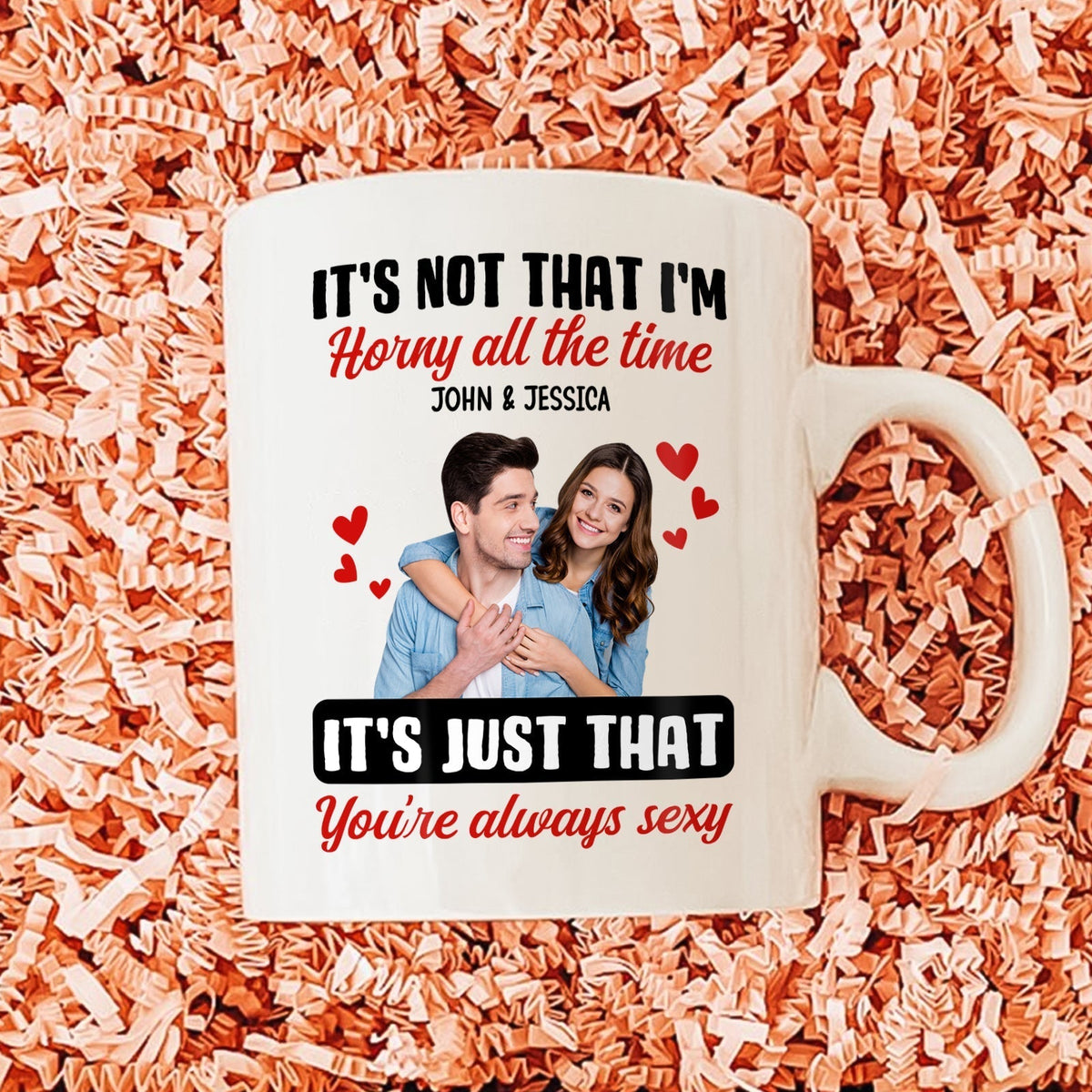 Funny personalized couple mug featuring a couple with a humorous quote about love and attraction