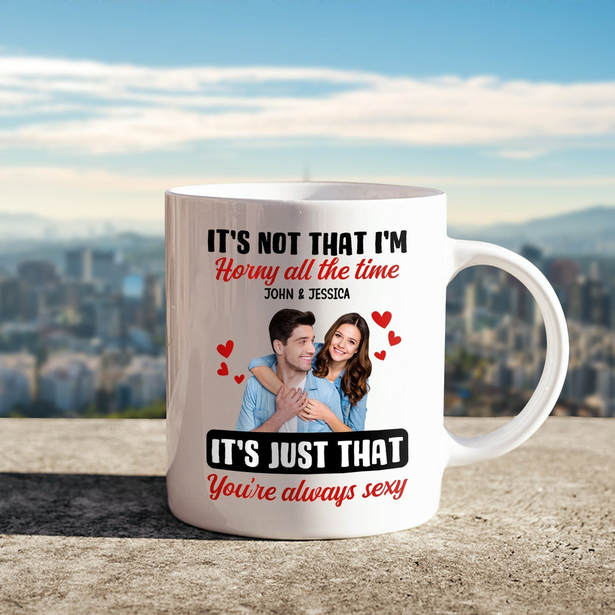 Personalized couple mug featuring a romantic design with a couple's photo and a playful message