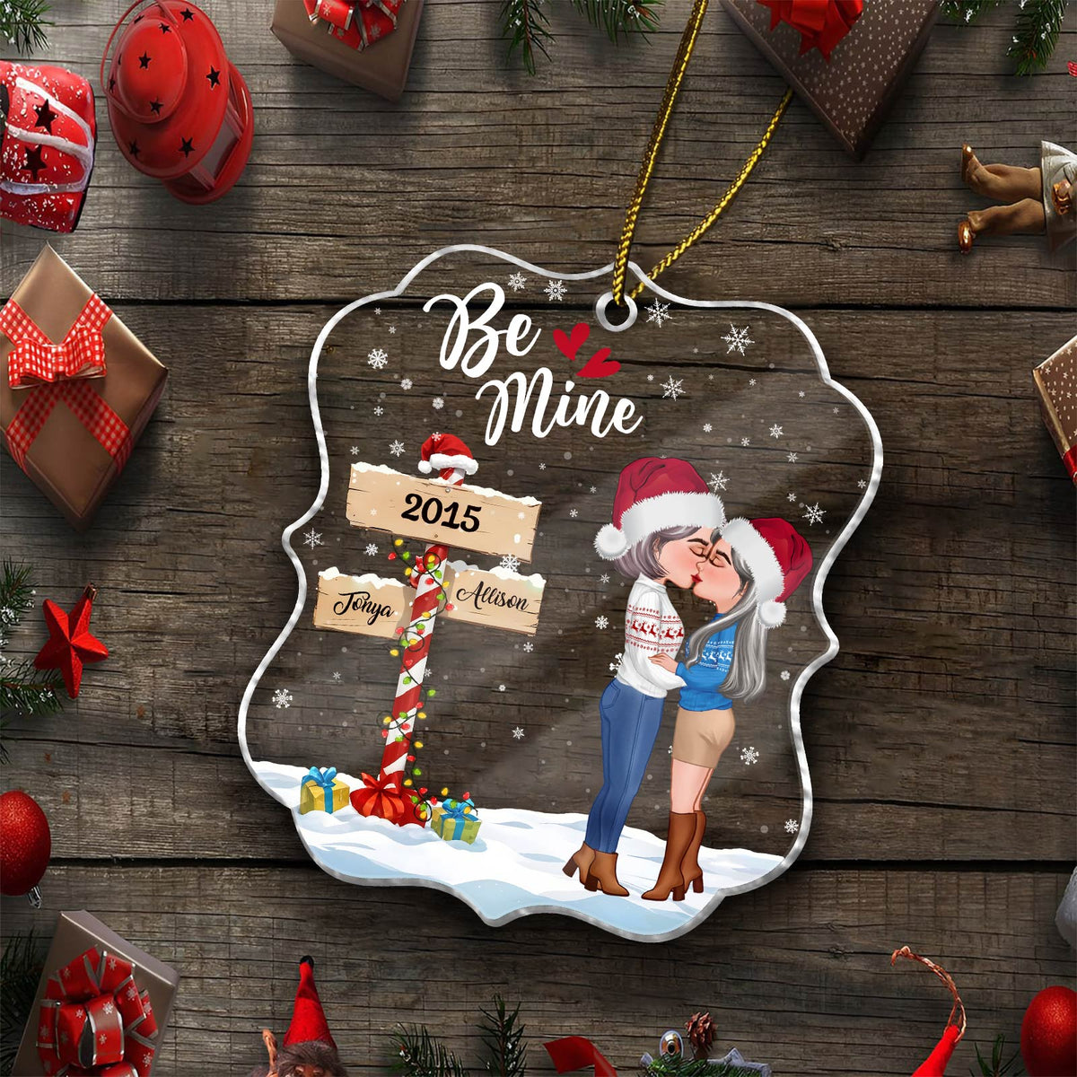 Personalized couple ornament with cartoon couple kissing and Be Mine text in Christmas theme