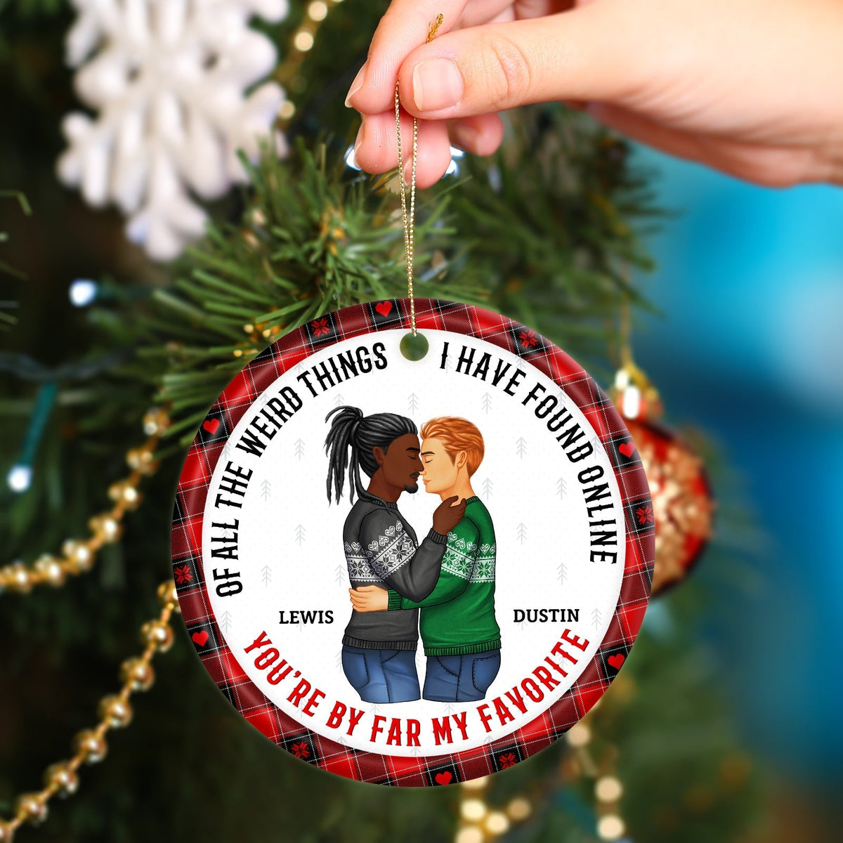 Personalized couple ornament with custom names Lewis and Dustin featuring a festive holiday design