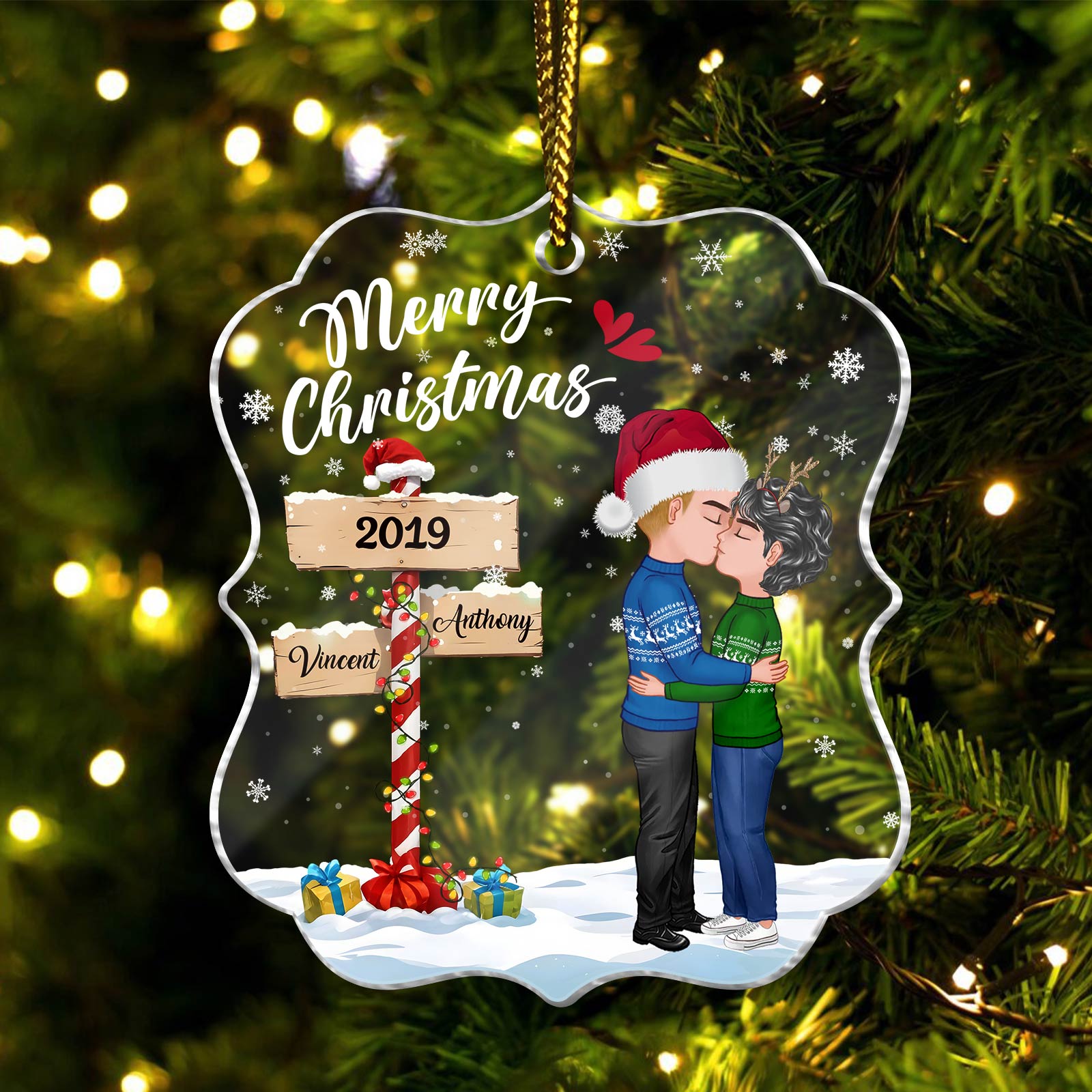Personalized couple ornament with kissing couple, Merry Christmas text, and 2019 date sign