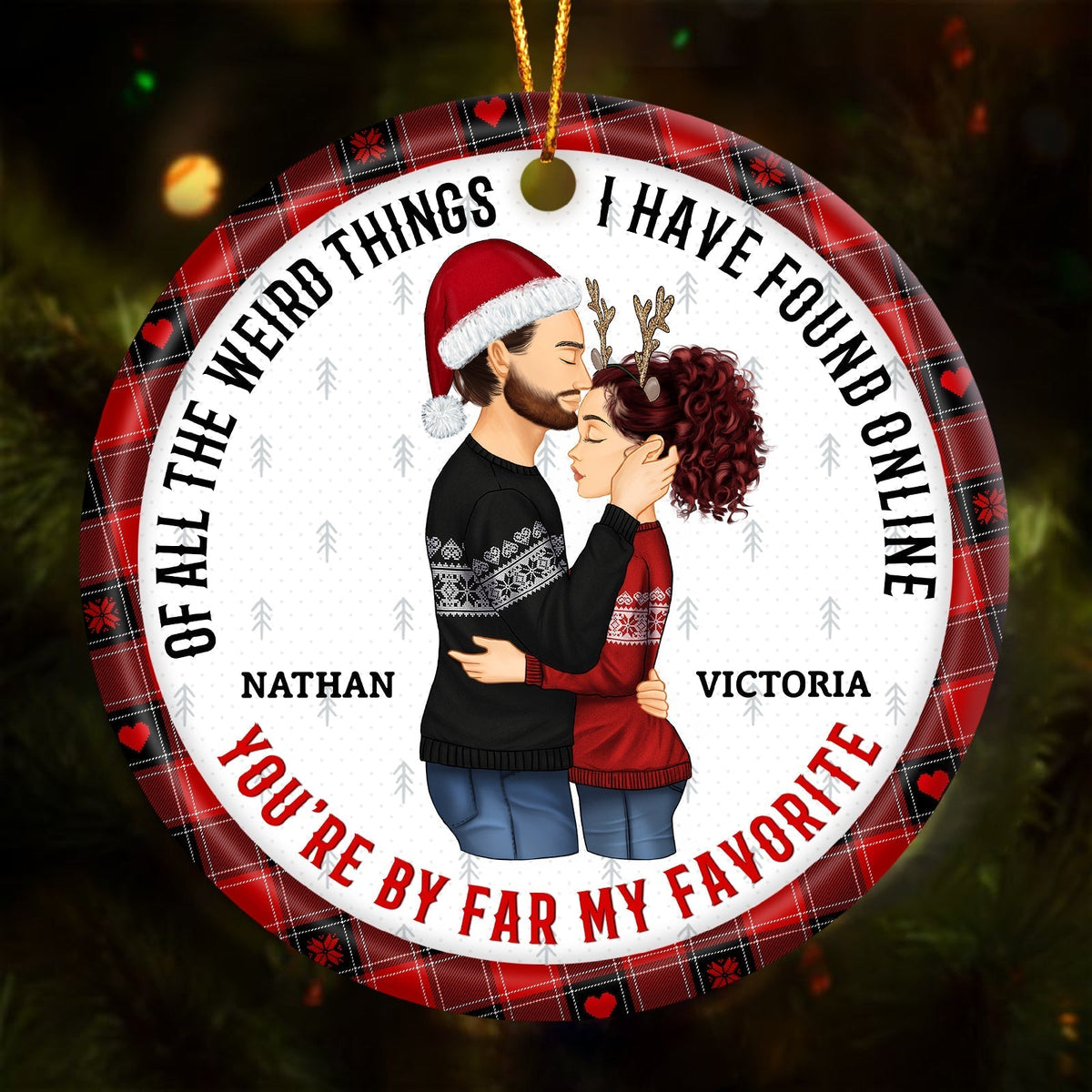 365Gifty personalized couple ornament with a romantic couple illustration and custom names Nathan and Victoria