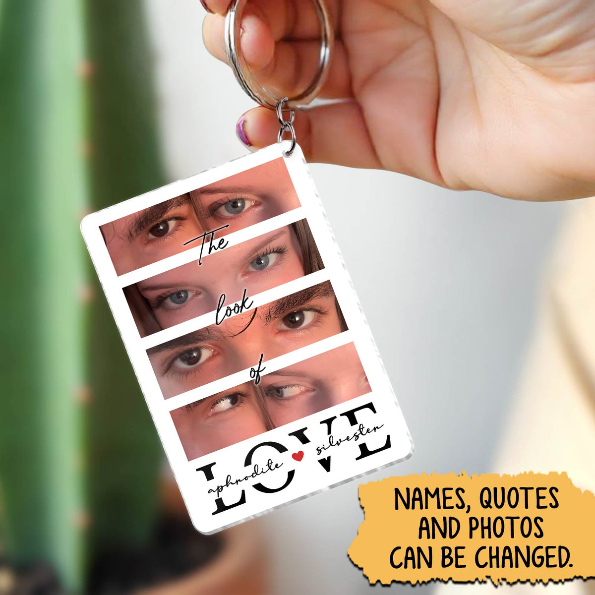 Personalized couple photo keychain featuring a custom design with interchangeable names and images