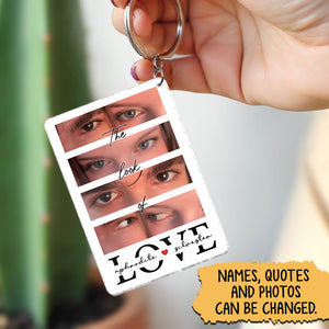 Personalized couple photo keychain featuring a custom design with interchangeable names and images