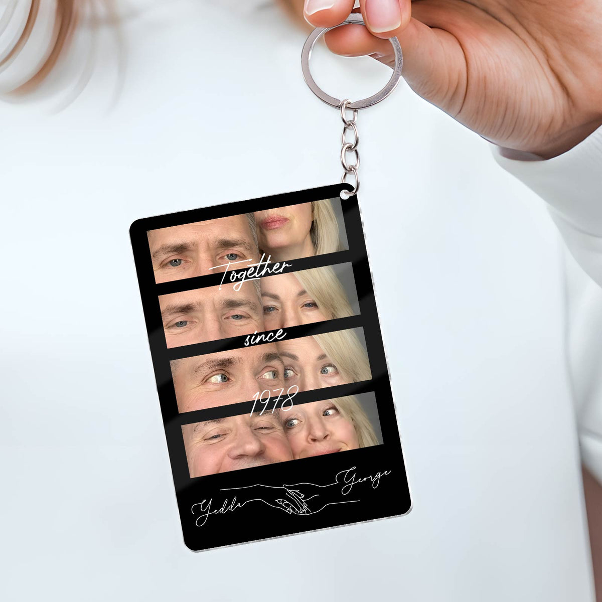 Personalized couple photo keychain featuring fun photos and text for cherished memories