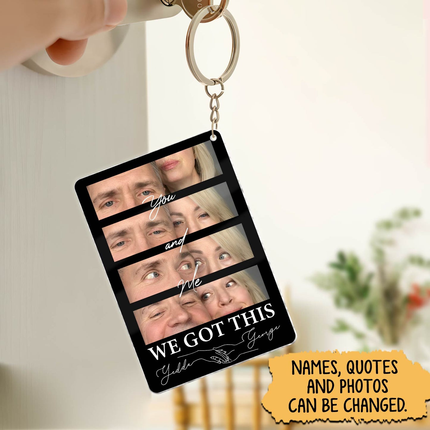 Personalized couple photo keychain featuring customizable names and quotes for a unique gift