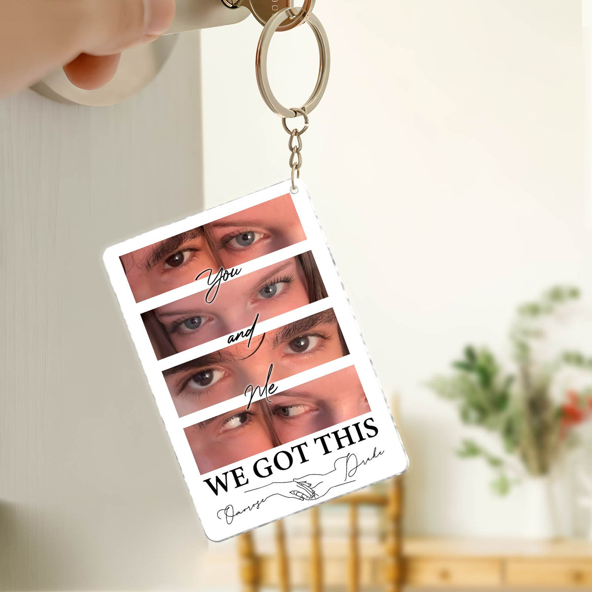 Personalized couple photo keychain featuring a custom design with the text We Got This