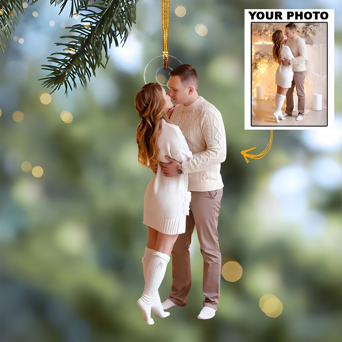 Personalized couple photo ornament hanging on tree branch customized with a romantic couple image
