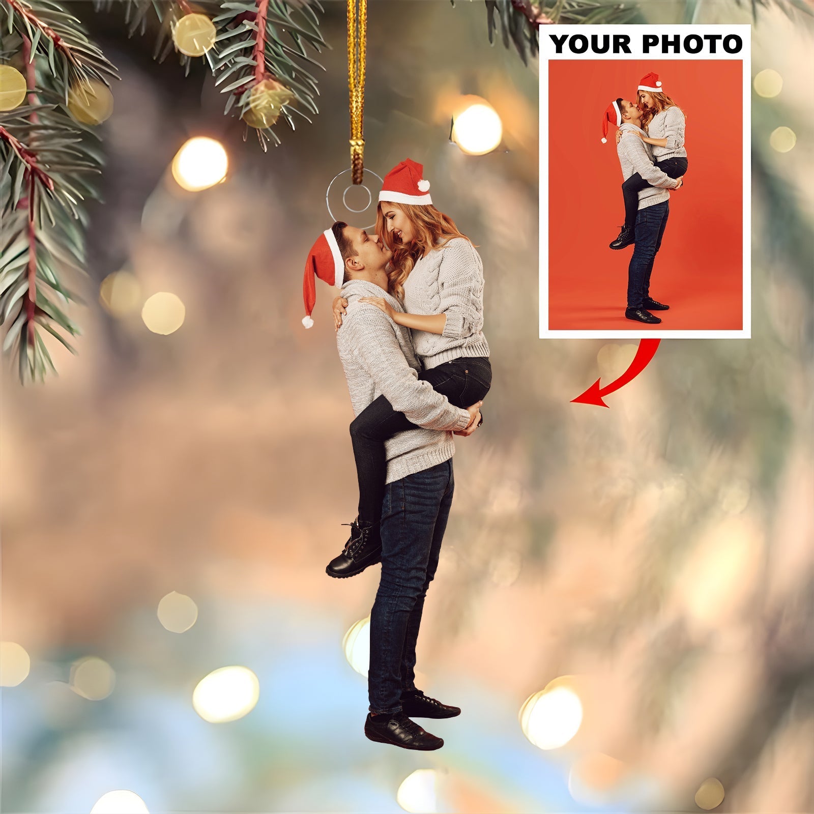 365Gifty personalized couple photo ornament featuring a romantic couple in sweaters and Santa hats