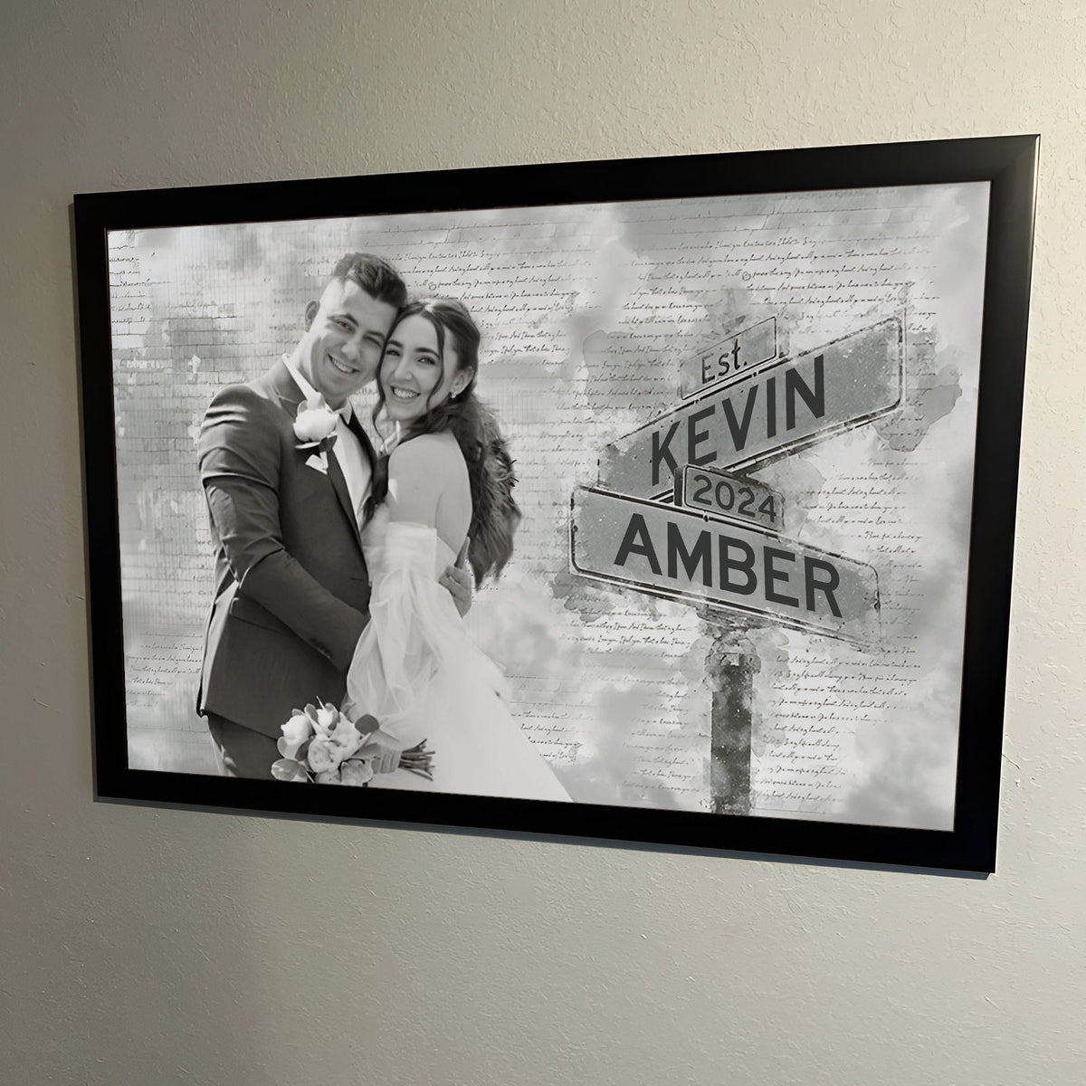 Personalized couple poster by 365Gifty featuring a black and white photo of a bride and groom with street signs showing names Kevin and Amber