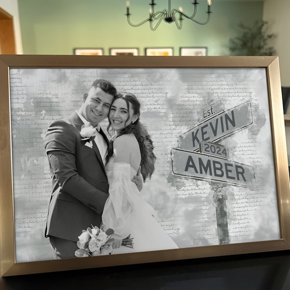 Framed personalized couple poster featuring a black and white wedding photo with names Kevin and Amber established 2024