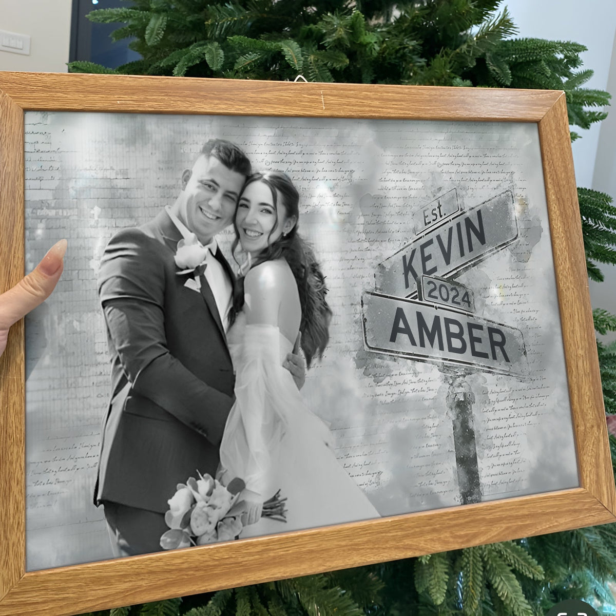 Personalized couple poster with wedding photo and street sign design featuring names Kevin and Amber