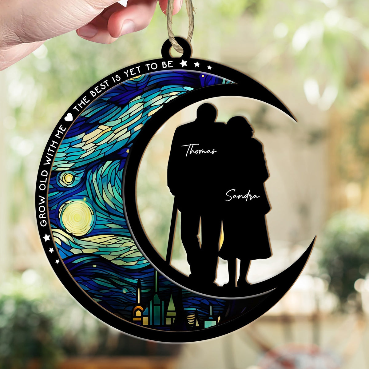 365Gifty personalized couple suncatcher ornament with crescent moon and stained glass design