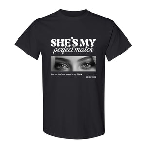 Black personalized couple t shirts with she’s my perfect match text and photo print