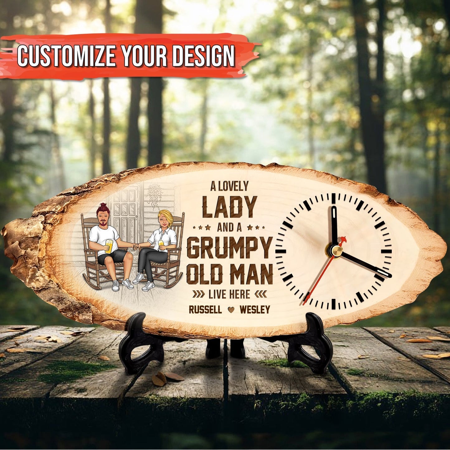 Personalized couple wooden clock with custom design featuring a lady and grumpy old man illustration and names