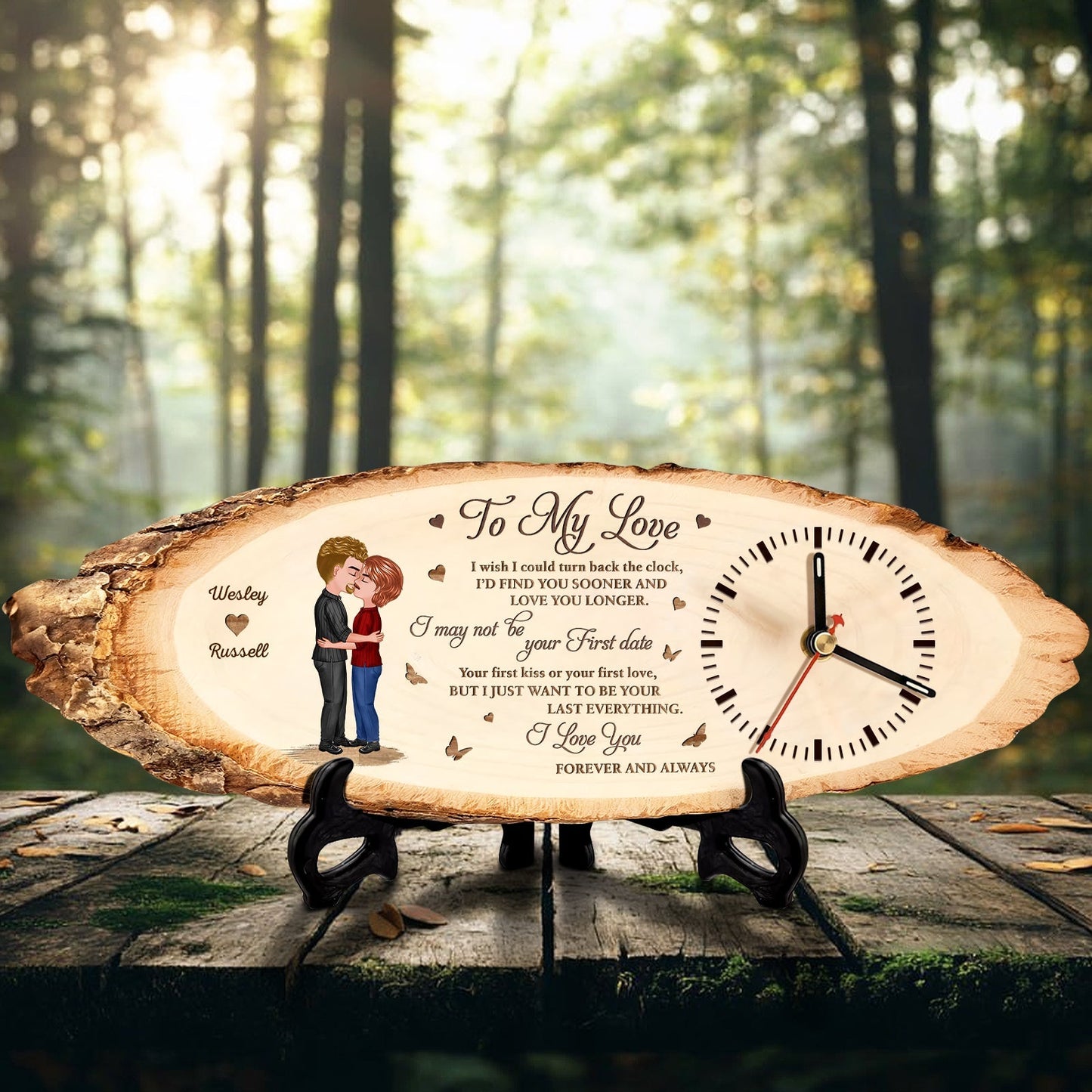Personalized couple wooden clock with romantic poem and custom names on natural wood slice