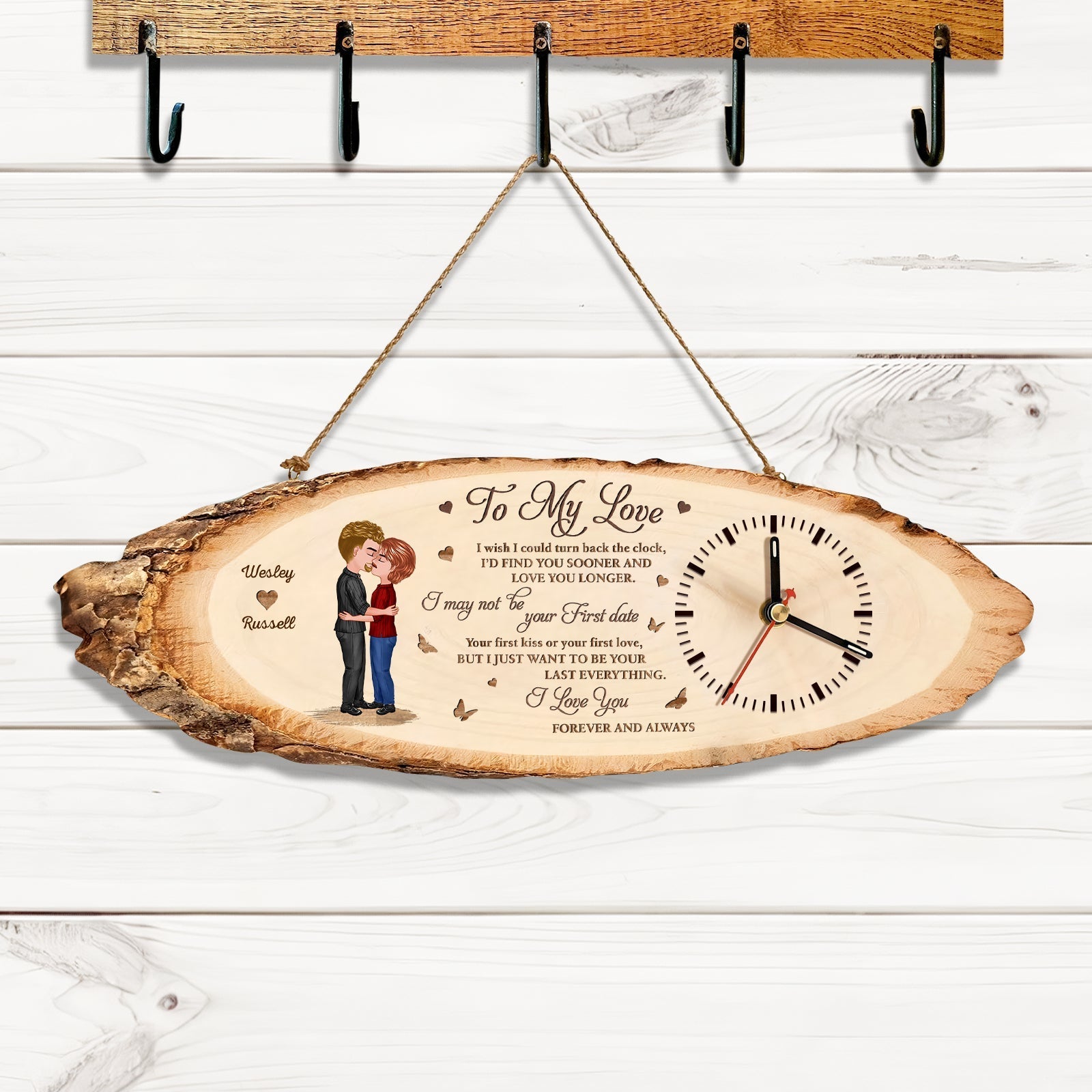 Personalized couple wooden clock with romantic love message and custom names hanging on wall
