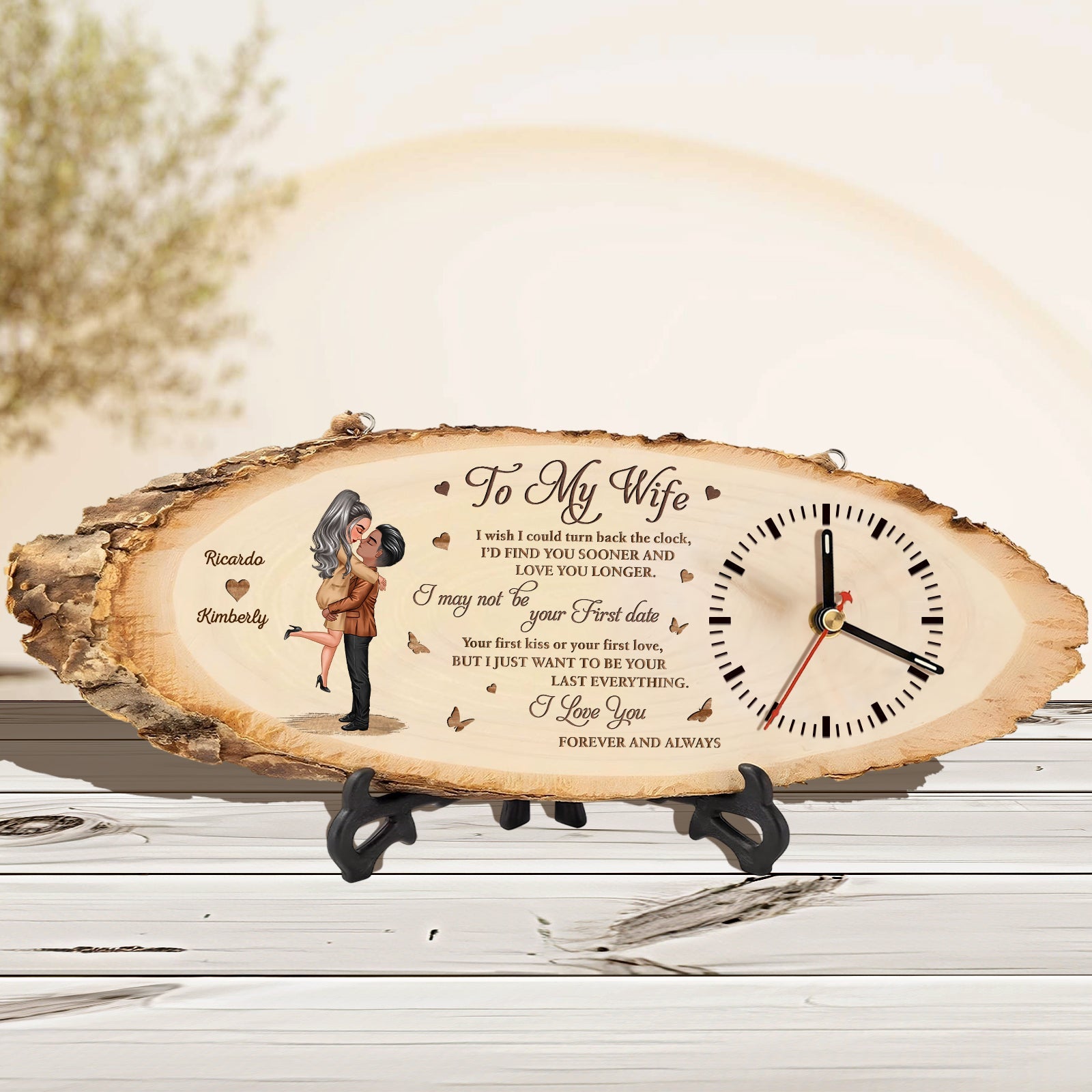 365Gifty personalized couple wooden clock with romantic wife message and cartoon couple design