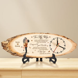 Personalized couple wooden clock with romantic wife message and custom names on natural wood slice