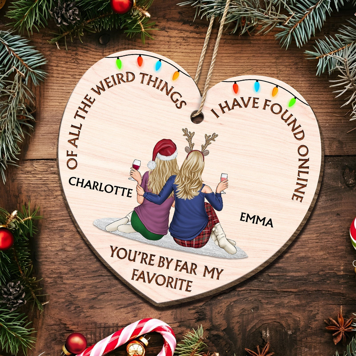 Personalized couple wooden ornament heart shaped with festive design and custom names Charlotte and Emma
