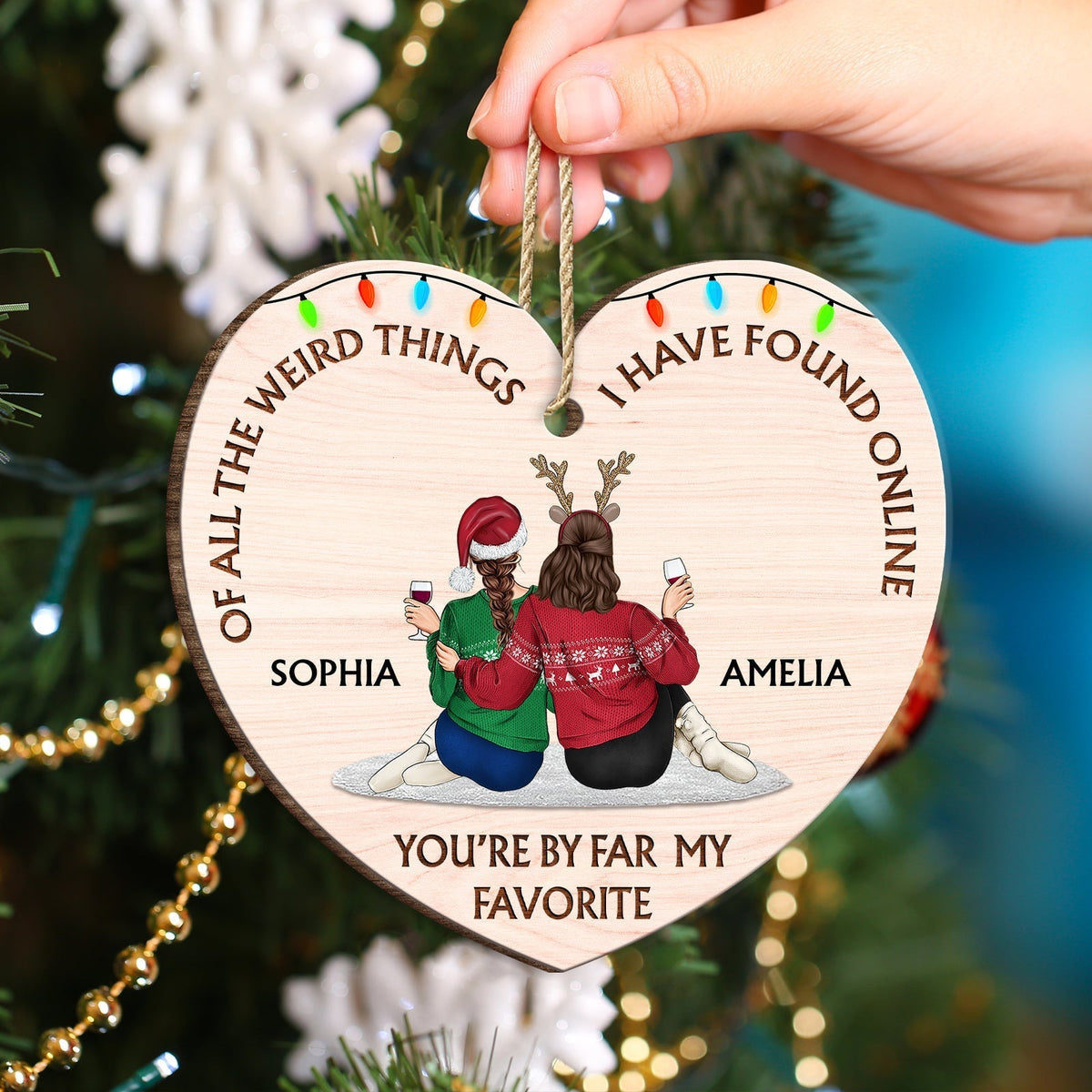Personalized couple wooden ornament heart shaped with names Sophia and Amelia and holiday design