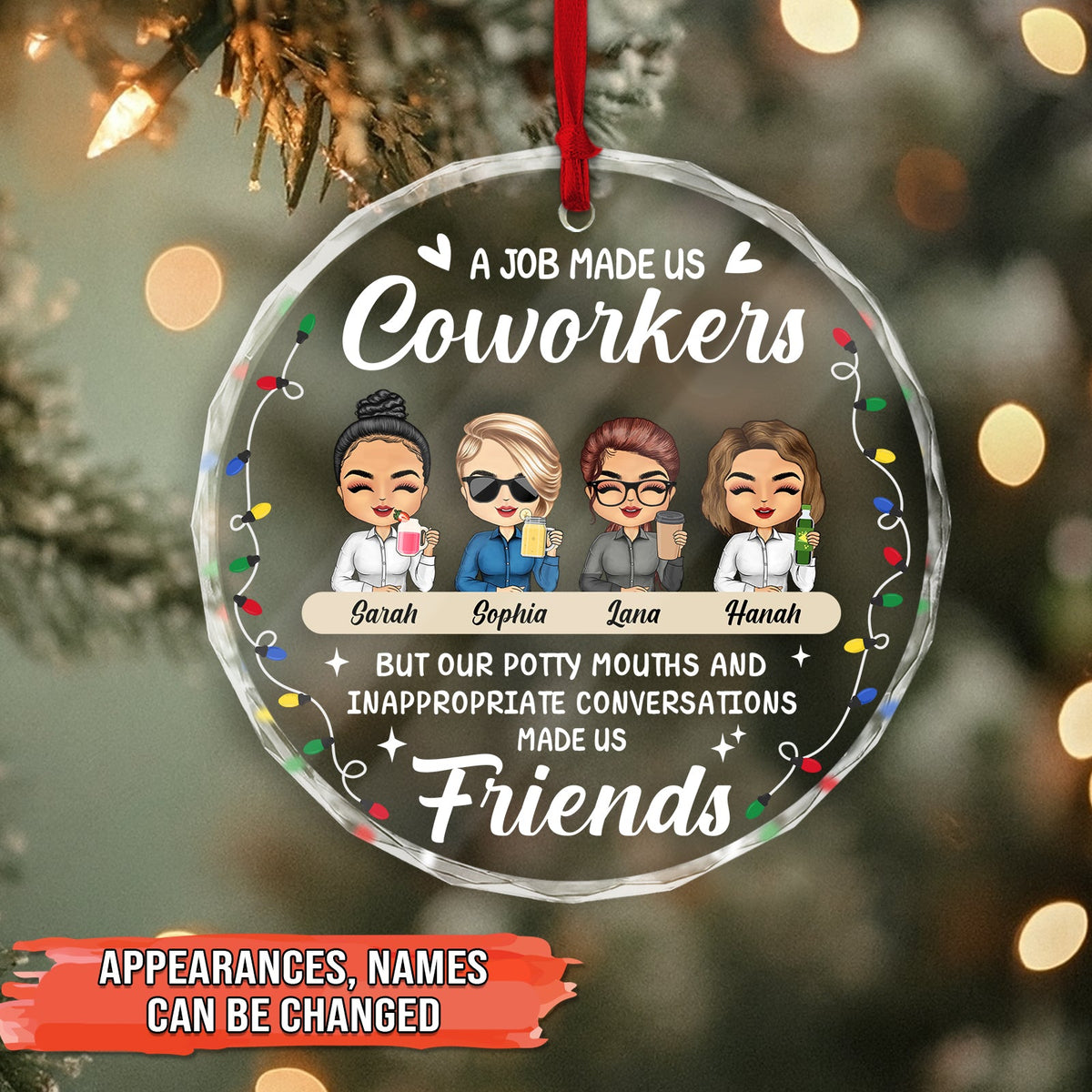 Personalized coworker Christmas ornament featuring four diverse characters and a fun friendship quote